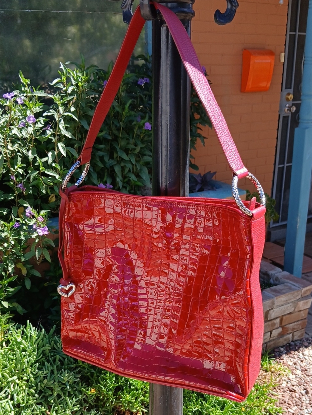 Brighton Red Croc-Embossed Patent Shoulder Bag